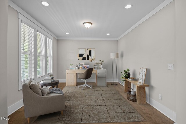 7410 Chouder Ln, Wake Forest, NC 27587 - office with recessed lighting, ornamental molding, and wood finished floors