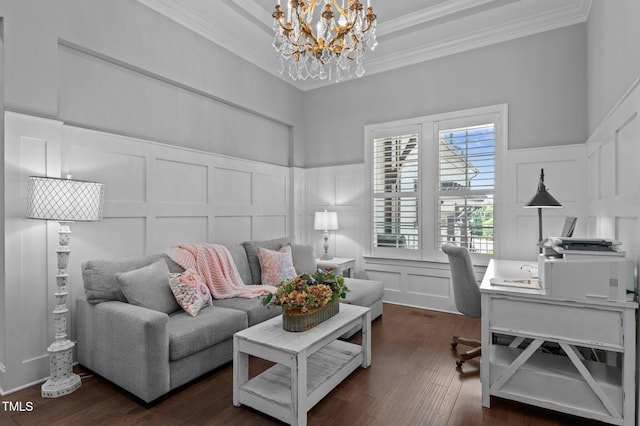 2112 Colin Hill Ct, Wake Forest, NC 27587 - living room featuring a decorative wall, crown molding, a chandelier, dark wood finished floors, and a desk