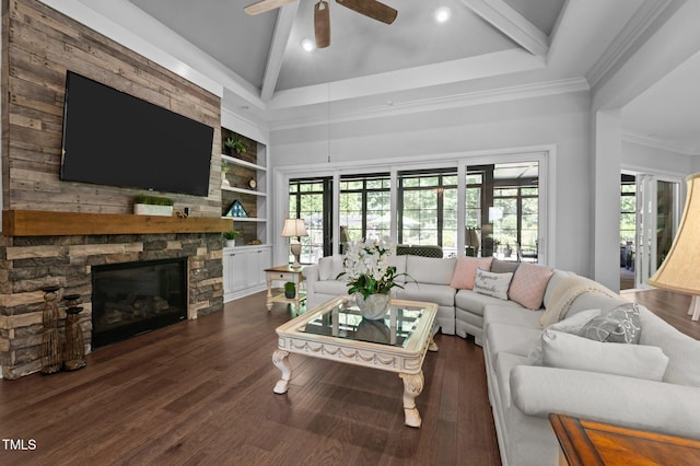 2112 Colin Hill Ct, Wake Forest, NC 27587 - living area featuring built in shelves, ceiling fan, a stone fireplace, wood finished floors, and recessed lighting