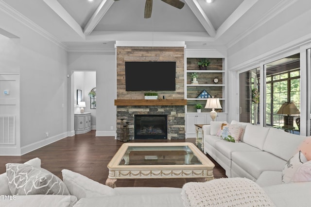 2112 Colin Hill Ct, Wake Forest, NC 27587 - living area with high vaulted ceiling, a ceiling fan, a stone fireplace, wood finished floors, and beam ceiling
