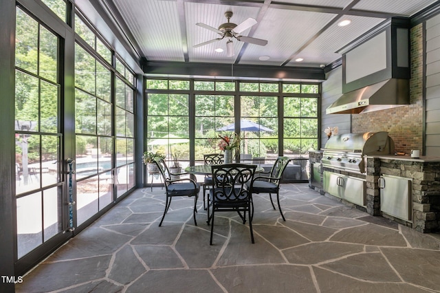 2112 Colin Hill Ct, Wake Forest, NC 27587 - sunroom / solarium featuring an outdoor kitchen, a ceiling fan, and healthy amount of natural light