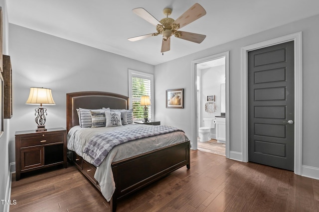 2112 Colin Hill Ct, Wake Forest, NC 27587 - bedroom featuring dark wood-type flooring, ensuite bath, and a ceiling fan