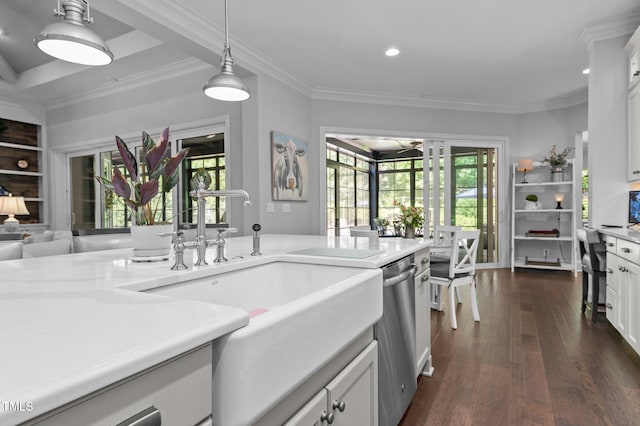 2112 Colin Hill Ct, Wake Forest, NC 27587 - kitchen featuring dishwasher, crown molding, dark wood finished floors, a ceiling fan, and healthy amount of natural light