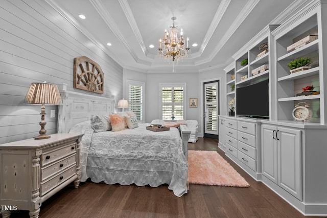 2112 Colin Hill Ct, Wake Forest, NC 27587 - bedroom featuring a chandelier, dark wood finished floors, recessed lighting, a tray ceiling, and crown molding