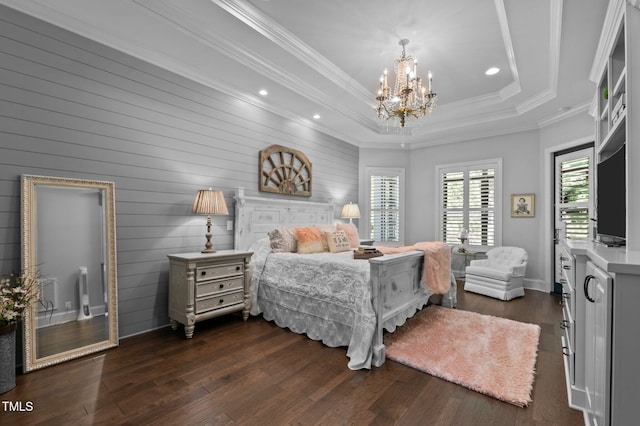 2112 Colin Hill Ct, Wake Forest, NC 27587 - bedroom with a chandelier, recessed lighting, dark wood finished floors, a tray ceiling, and ornamental molding