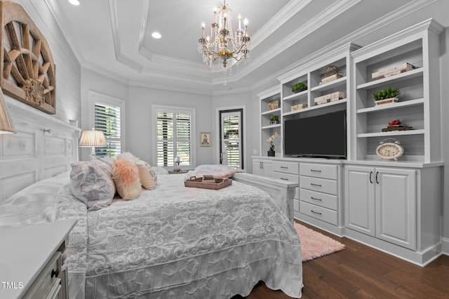 2112 Colin Hill Ct, Wake Forest, NC 27587 - bedroom featuring dark wood-style floors, a chandelier, crown molding, recessed lighting, and a tray ceiling