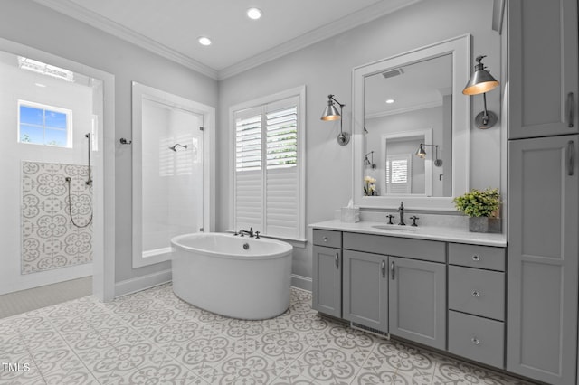 2112 Colin Hill Ct, Wake Forest, NC 27587 - full bathroom with a walk in shower, vanity, a freestanding tub, crown molding, and recessed lighting