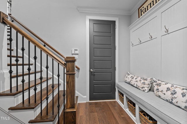 2112 Colin Hill Ct, Wake Forest, NC 27587 - mudroom with dark wood-style flooring and crown molding