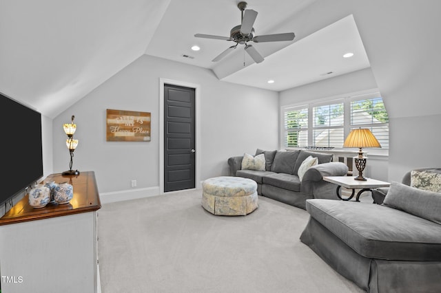 2112 Colin Hill Ct, Wake Forest, NC 27587 - carpeted living room with vaulted ceiling, a ceiling fan, and recessed lighting