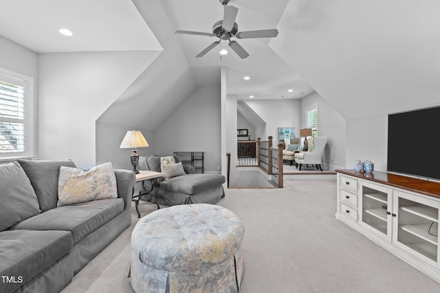 2112 Colin Hill Ct, Wake Forest, NC 27587 - carpeted living room featuring vaulted ceiling, a ceiling fan, and recessed lighting