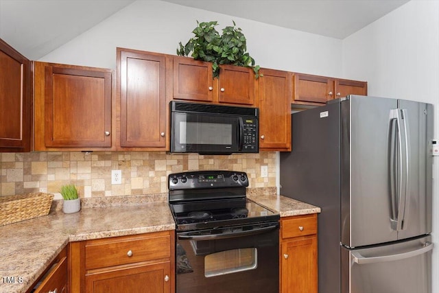 1109 Hadel Pl, Knightdale, NC 27545 - kitchen featuring black appliances, light countertops, backsplash, brown cabinets, and vaulted ceiling