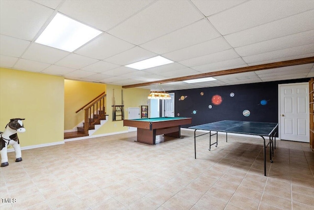 8415 Meadow View Ln, Bahama, NC 27503 - rec room with an accent wall, pool table, light tile patterned flooring, and a drop ceiling