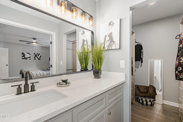7708 Falcon Rest Cir, Raleigh, NC 27615 - bathroom featuring vanity, ensuite bath, wood finished floors, and ceiling fan