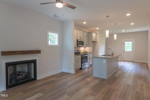202 E S St, Fremont, NC 27830 - kitchen featuring stainless steel appliances, recessed lighting, wood finished floors, a ceiling fan, and an island with sink
