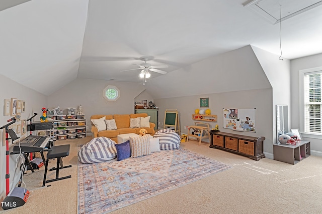 102 Sevendales Dr, Goldsboro, NC 27534 - bedroom with carpet flooring, attic access, vaulted ceiling, and a ceiling fan