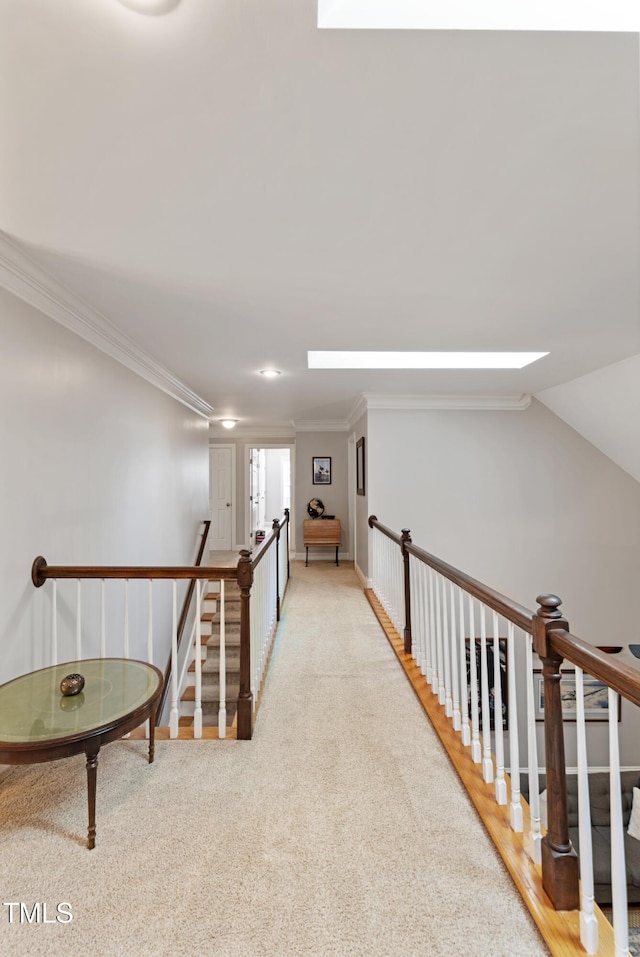 102 Sevendales Dr, Goldsboro, NC 27534 - corridor featuring carpet floors, crown molding, an upstairs landing, and a skylight