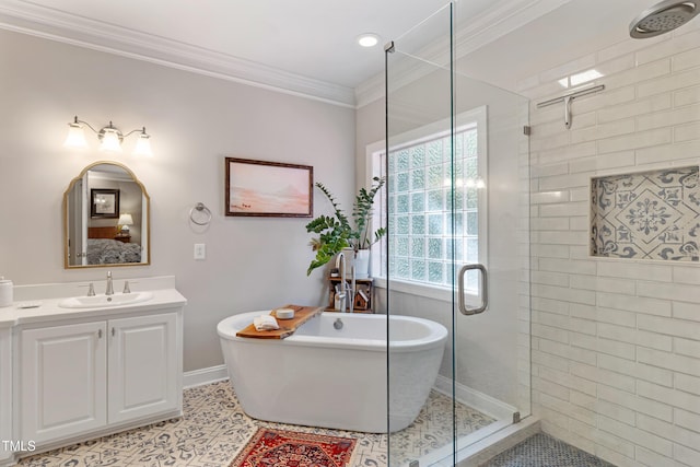 102 Sevendales Dr, Goldsboro, NC 27534 - bathroom featuring a stall shower, a freestanding bath, plenty of natural light, and crown molding