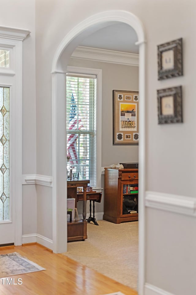 102 Sevendales Dr, Goldsboro, NC 27534 - entryway featuring arched walkways, wood finished floors, ornamental molding, and baseboards