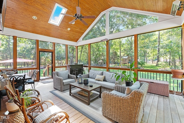 102 Sevendales Dr, Goldsboro, NC 27534 - sunroom / solarium featuring lofted ceiling, a ceiling fan, an outdoor hangout area, and a skylight