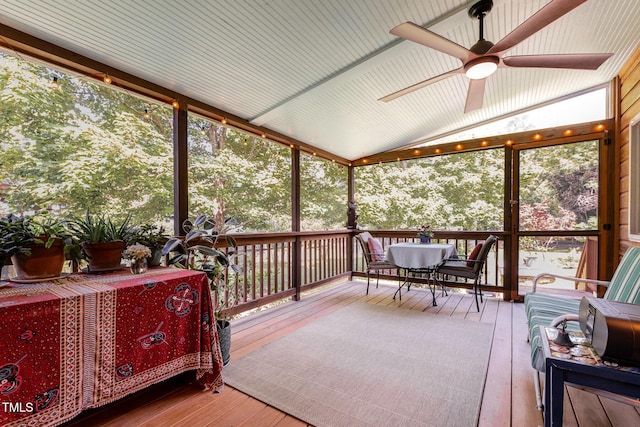 108 High St, Carrboro, NC 27510 - sunroom featuring outdoor dining area, a ceiling fan, and vaulted ceiling