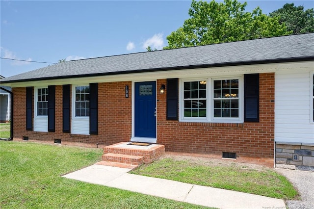 108 Pine St, Dunn, NC 28334 - single story home with crawl space, a front lawn, a shingled roof, and brick siding