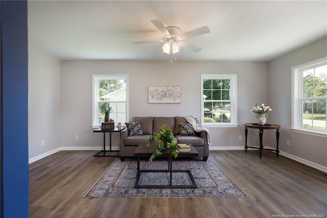 108 Pine St, Dunn, NC 28334 - living room featuring wood finished floors, ceiling fan, and baseboards