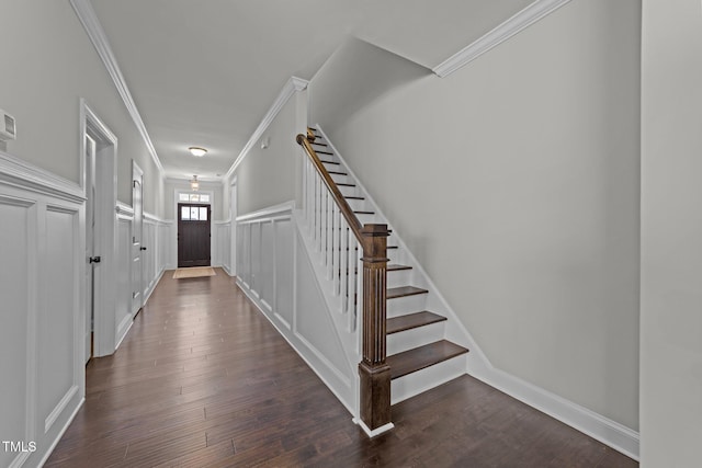 427 Cedar Pond Ct, Knightdale, NC 27545 - stairs featuring ornamental molding, wood finished floors, and a decorative wall