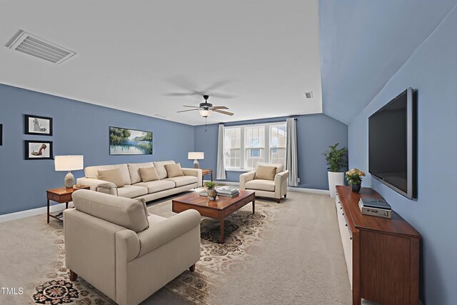 427 Cedar Pond Ct, Knightdale, NC 27545 - living room with ceiling fan, light colored carpet, and vaulted ceiling