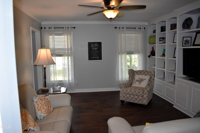 408 Greenfern Ct, Burlington, NC 27215 - living area featuring ornamental molding, dark wood finished floors, and a ceiling fan