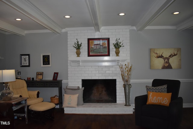 408 Greenfern Ct, Burlington, NC 27215 - living room with beamed ceiling, ornamental molding, wood finished floors, a fireplace, and recessed lighting