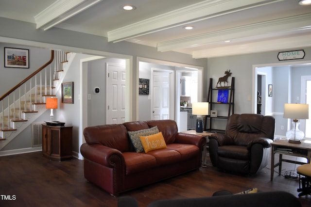 408 Greenfern Ct, Burlington, NC 27215 - living area featuring beam ceiling, wood finished floors, stairs, recessed lighting, and ornamental molding