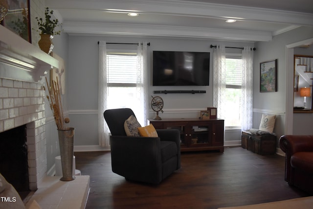 408 Greenfern Ct, Burlington, NC 27215 - living room featuring crown molding, dark wood finished floors, a brick fireplace, healthy amount of natural light, and recessed lighting