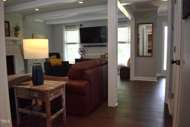 408 Greenfern Ct, Burlington, NC 27215 - living area featuring crown molding, wood finished floors, recessed lighting, a brick fireplace, and beamed ceiling