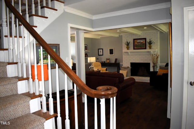 408 Greenfern Ct, Burlington, NC 27215 - staircase featuring ornamental molding, wood finished floors, and a brick fireplace