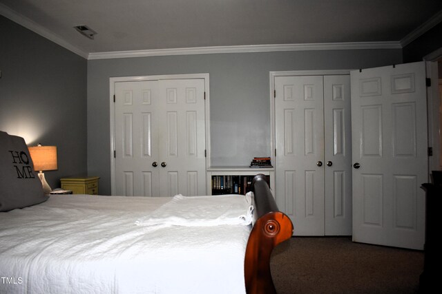 408 Greenfern Ct, Burlington, NC 27215 - bedroom with two closets, ornamental molding, and carpet floors