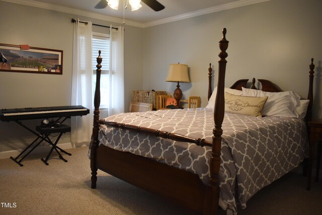 408 Greenfern Ct, Burlington, NC 27215 - bedroom with light carpet, ornamental molding, and ceiling fan