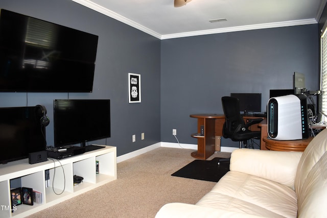 408 Greenfern Ct, Burlington, NC 27215 - living room featuring carpet flooring, crown molding, and an office area