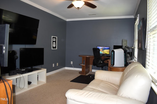 408 Greenfern Ct, Burlington, NC 27215 - living area featuring a ceiling fan, carpet, ornamental molding, and a desk