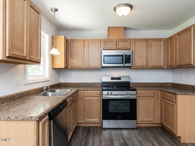 381 Gray Ghost Ln, Benson, NC 27504 - kitchen with appliances with stainless steel finishes, dark wood finished floors, pendant lighting, and dark countertops
