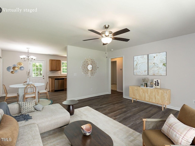 381 Gray Ghost Ln, Benson, NC 27504 - living area featuring a chandelier, dark wood finished floors, and ceiling fan