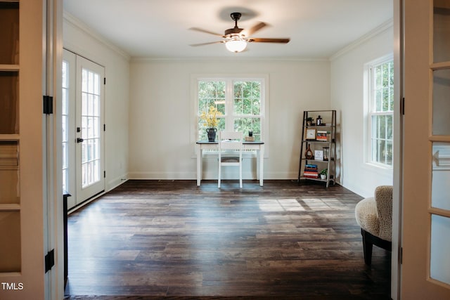 1702 Chamberlain Dr NW, Wilson, NC 27896 - dining space with dark wood-style floors, ornamental molding, a ceiling fan, and an office area