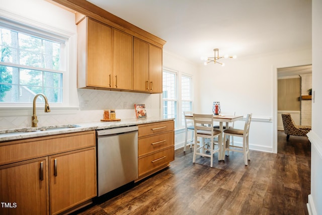 1702 Chamberlain Dr NW, Wilson, NC 27896 - kitchen featuring dishwasher, crown molding, dark wood finished floors, a chandelier, and backsplash