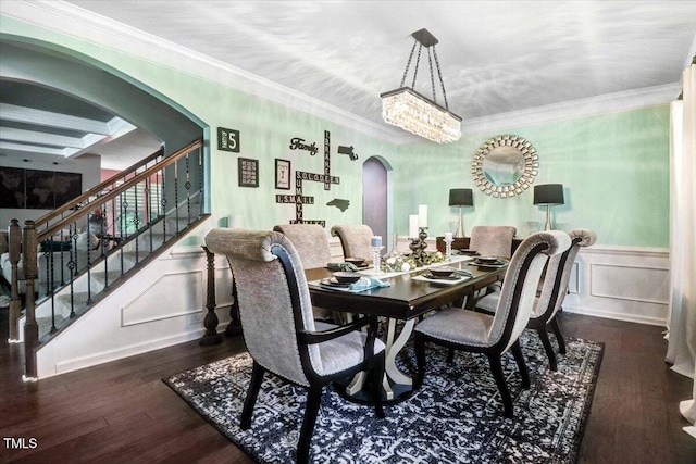 728 Opposition Way, Wake Forest, NC 27587 - dining space featuring arched walkways, stairway, ornamental molding, wood finished floors, and a chandelier