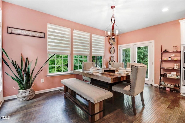 728 Opposition Way, Wake Forest, NC 27587 - dining room featuring french doors, dark wood-style floors, a chandelier, and recessed lighting
