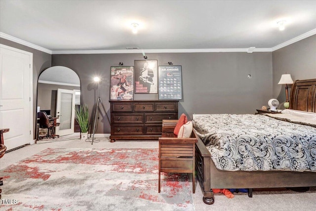 728 Opposition Way, Wake Forest, NC 27587 - bedroom with crown molding, light carpet, and arched walkways