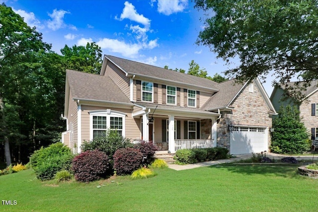 728 Opposition Way, Wake Forest, NC 27587 - view of front of house featuring covered porch, stone siding, a front lawn, and a garage