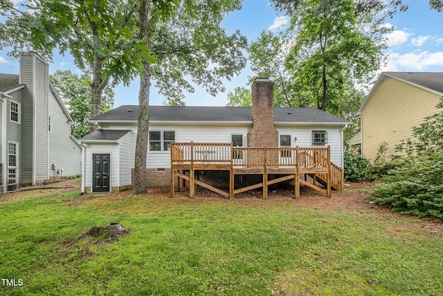 2629 Hiking Trl, Raleigh, NC 27615 - rear view of property with a deck, a lawn, and a chimney
