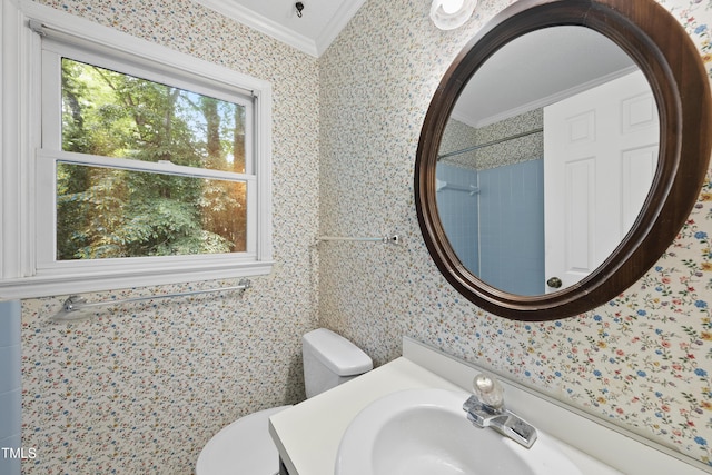 3517 Eden Croft Dr, Raleigh, NC 27612 - full bath featuring ornamental molding, a shower, wallpapered walls, and vanity