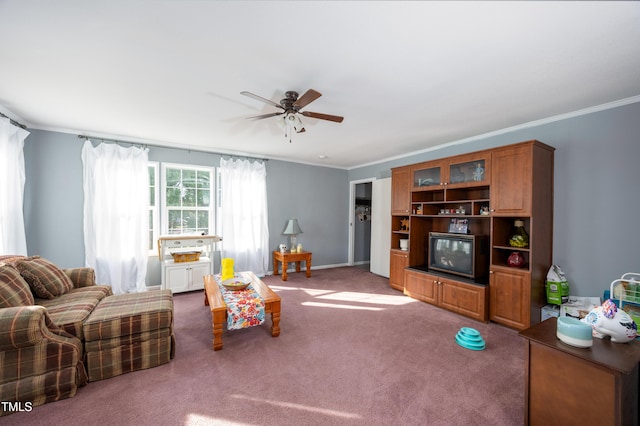 764 Olivers Grove Rd, Four Oaks, NC 27524 - living area with ornamental molding, ceiling fan, and carpet flooring