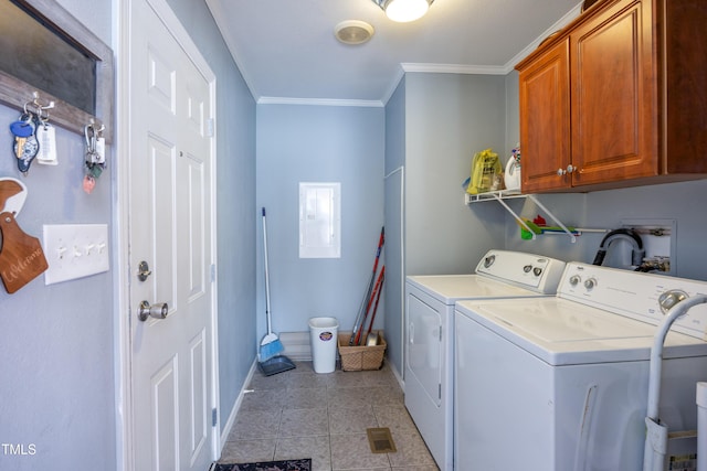 764 Olivers Grove Rd, Four Oaks, NC 27524 - laundry area with cabinet space, washing machine and clothes dryer, light tile patterned floors, and crown molding
